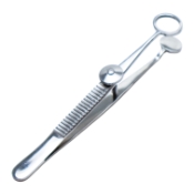 Baird Chalazion Forceps, Locking Thumb Screw, Oval Solid 15mm Wide Lower Plate, Open Upper Plate Inside Dimensions 11mm x 8mm, Serrated Handle, Overall Length 3-3/4" (97mm) 676186,May-51,K5-9550,E2640